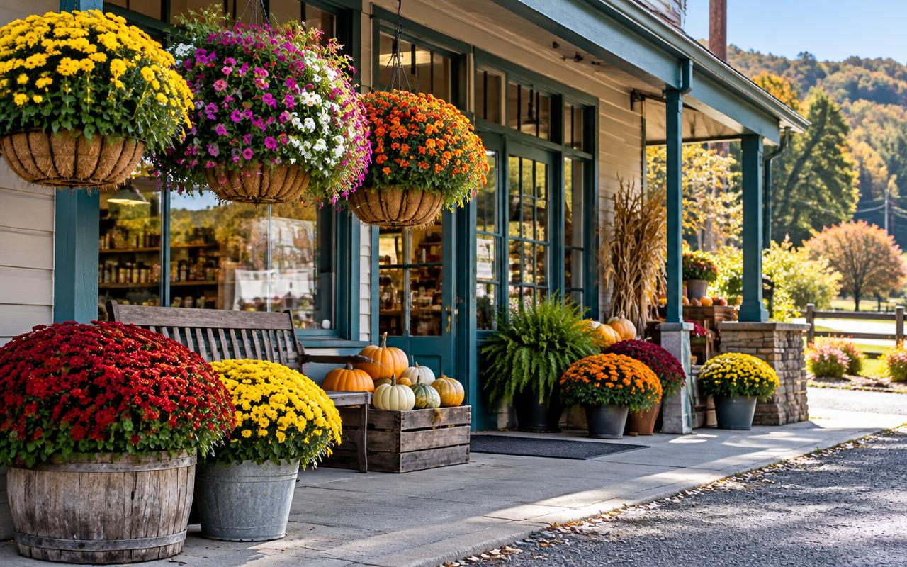 Colorful hanging baskets and seasonal flowers outside a country store