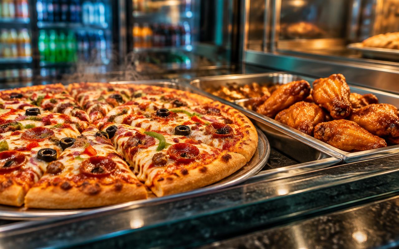 Hot pizza and chicken wings at a deli counter